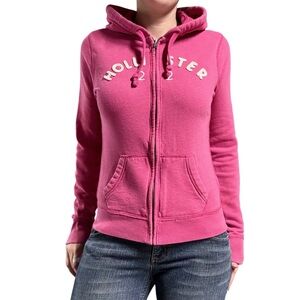 Hollister | Y2K Pink White Embroidered Spell Out Logo Zip Front Hoodie